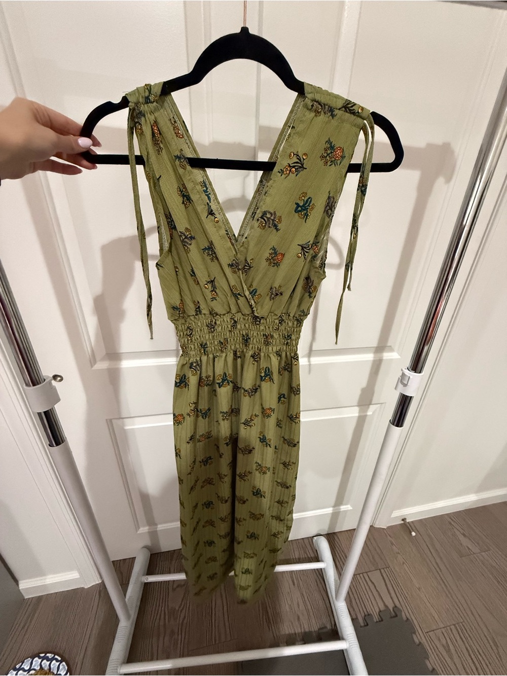 Olive Green Floral Maxi Dress with Smocked Waist and Tie Shoulders